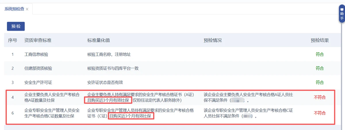 安许证延期系统预检截图:企业主要负责人A证、专职安全生产管理人员C证两项社保校验不满足条件(企业信息已打码)